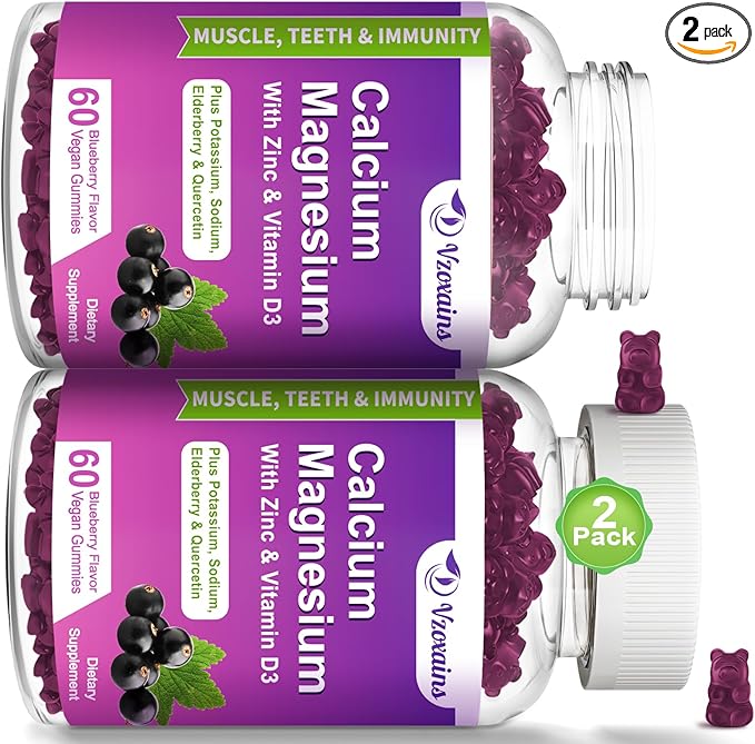 High Absorption Calcium Magnesium Zinc Gummies, Calcium Magnesium Supplement with Potassium Vitamin D3 for Bone & Teeth Strength, Muscle Function - Blueberry Flavor 120 Cts