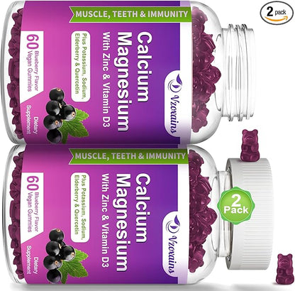 High Absorption Calcium Magnesium Zinc Gummies, Calcium Magnesium Supplement with Potassium Vitamin D3 for Bone & Teeth Strength, Muscle Function - Blueberry Flavor 120 Cts