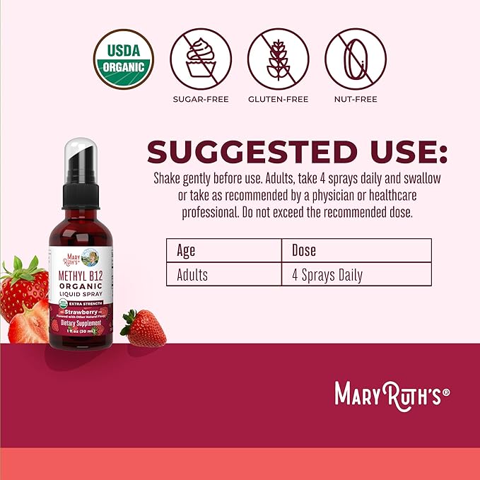 MaryRuth's Vitamin B12 Liquid Spray | Vegan, Non-GMO, Gluten-Free | USDA Organic B12 Vitamin Supplement | Energy & Nervous System Support | B12 Vitamins for Women & Men | VIT b12 1,500 mcg | 1 Fl Oz