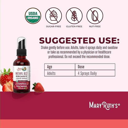 MaryRuth's Vitamin B12 Liquid Spray | Vegan, Non-GMO, Gluten-Free | USDA Organic B12 Vitamin Supplement | Energy & Nervous System Support | B12 Vitamins for Women & Men | VIT b12 1,500 mcg | 1 Fl Oz