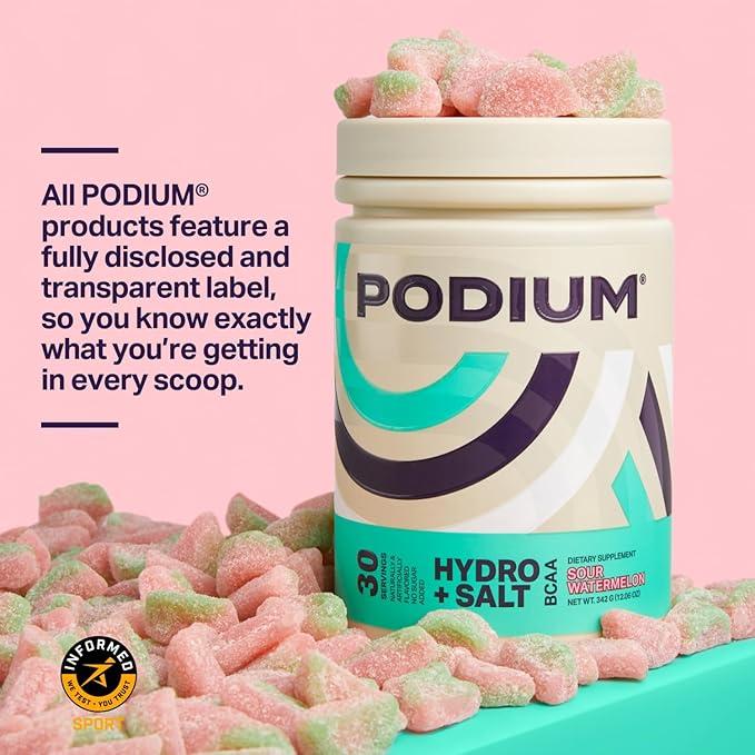 Podium Nutrition, Instantized BCAA Powder, Hydro and Salt, Sour Watermelon, 30 Servings, Electrolytes, Hydration, Recovery