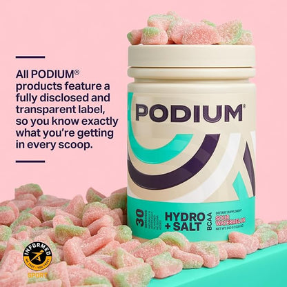 Podium Nutrition, Instantized BCAA Powder, Hydro and Salt, Sour Watermelon, 30 Servings, Electrolytes, Hydration, Recovery