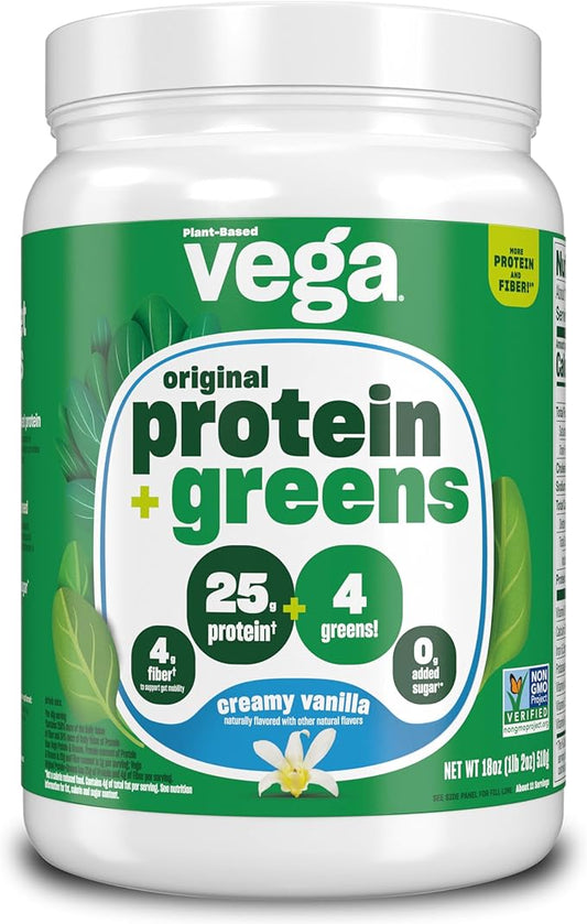 Vega Protein and Greens Protein Powder Creamy Vanilla (11 Servings) 25g Plant Based Protein Plus Veggies, Vegan, Non-GMO, Pea Protein for Women and Men, 1.2lbs