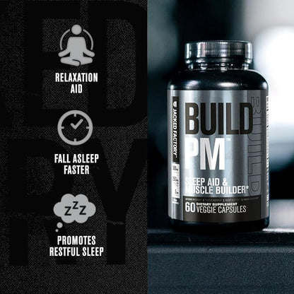 Jacked Factory Build PM Night Time Muscle Builder & Sleep Aid - Post Workout Recovery & Sleep Support Supplement w/VitaCherry Tart Cherry, Ashwagandha, & Melatonin - 60 Natural Veggie Pills