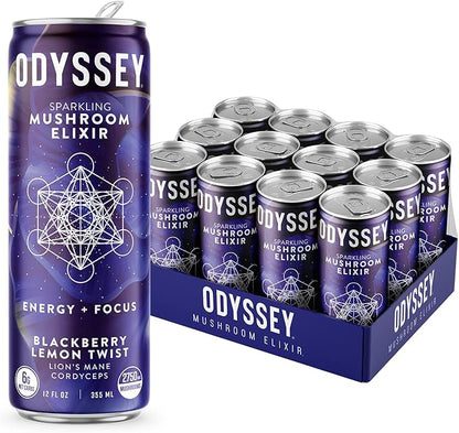Odyssey Elixir Functional Beverage - Adaptogen Drink with Lions Mane, Cordyceps, L Theanine & Green Tea Caffeine - for Cognition, Energy & Mood Boost - 0 Added Sugar - Blackberry Lemonade - 12 Pack