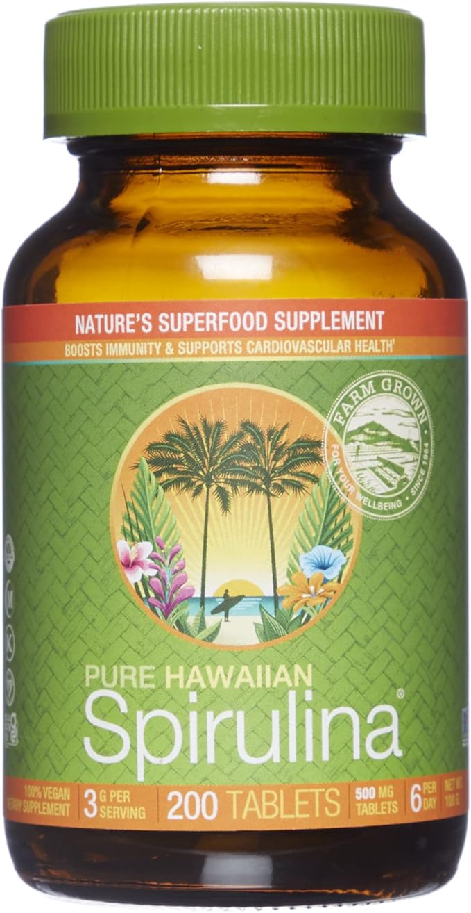 Nutrex Hawaii, Pure Hawaiian Spirulina 500 mg, Vegan, Supports Immune System, Heart, Cells and Energy, 200 Tablets