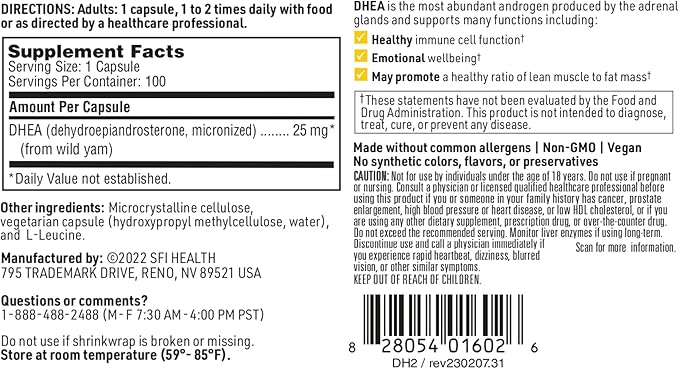Klaire Labs DHEA 25mg - Dehydroepiandrosterone Derived from Wild Yam - Micronized for Superior Absorption - Soy-Free, Hypoallergenic Supplement for Men & Women (100 Capsules)