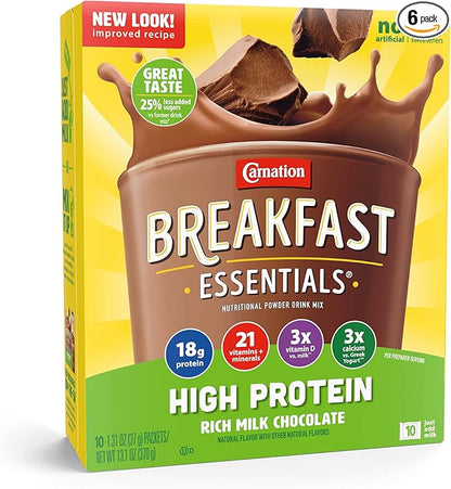 Carnation Breakfast Essentials High Protein Powder Drink Mix, Rich Milk Chocolate, 10 Count Box Packets (Pack of 6) (Packaging May Vary)