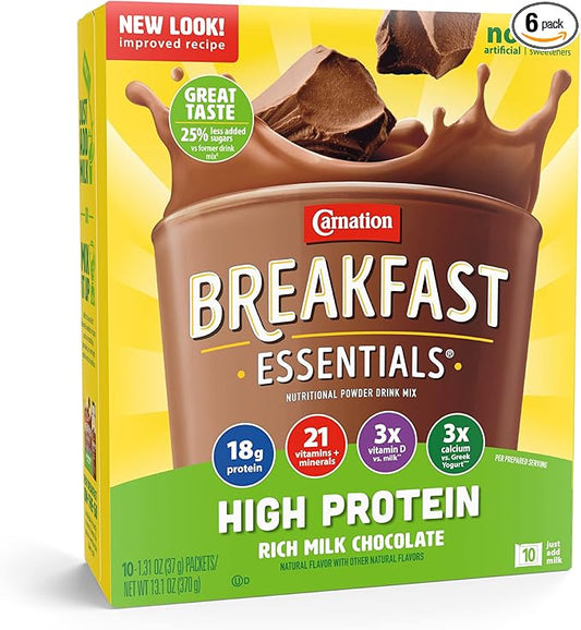 Carnation Breakfast Essentials High Protein Powder Drink Mix, Rich Milk Chocolate, 10 Count Box Packets (Pack of 6) (Packaging May Vary)