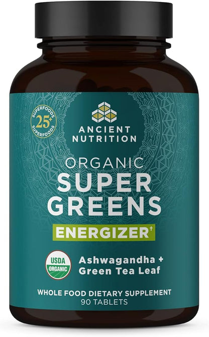 Ancient Nutrition Supergreens Energizer Tablets, Organic Superfood Tablets with Caffeine, Made from Real Fruits, Vegetables and Herbs, for Digestive and Energy Support, 90 Count