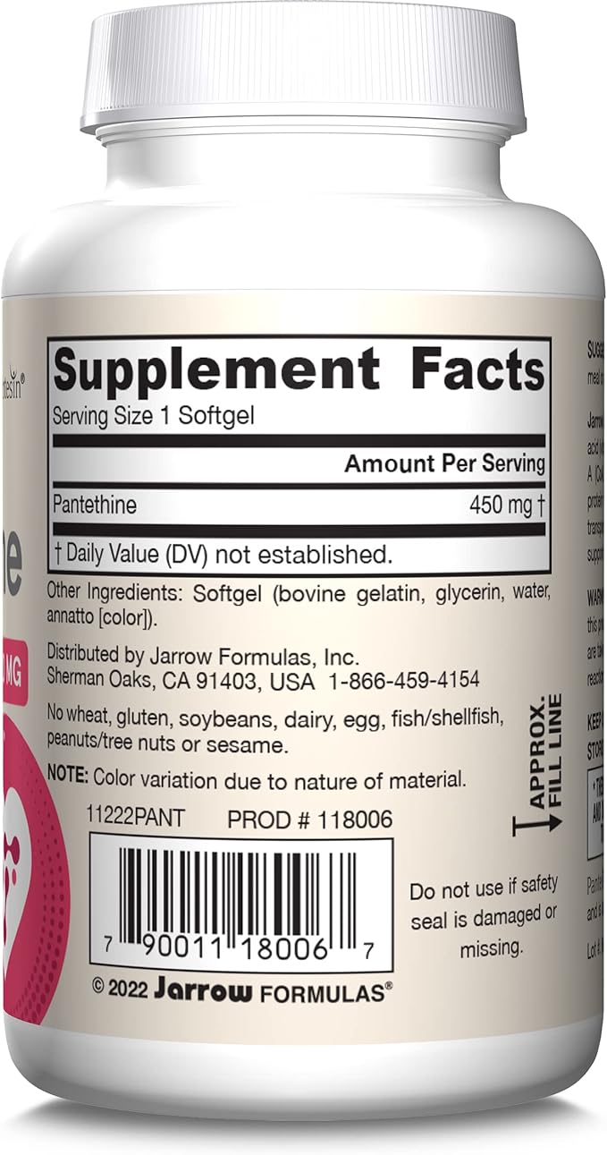 Jarrow Formulas Pantethine 450 mg - Derivative of Vitamin B5 - 60 Servings (Softgels) - Support Heart Health, Carbohydrate & Lipid Metabolism - Coenzyme A (CoA) Precursor - Pantothenic Acid Supplement