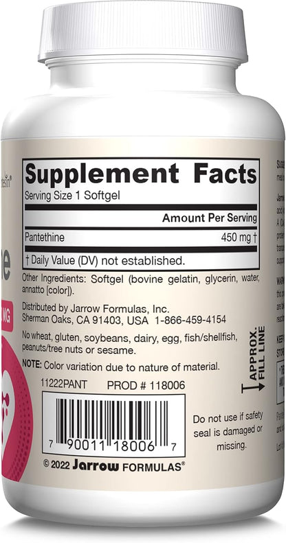 Jarrow Formulas Pantethine 450 mg - Derivative of Vitamin B5 - 60 Servings (Softgels) - Support Heart Health, Carbohydrate & Lipid Metabolism - Coenzyme A (CoA) Precursor - Pantothenic Acid Supplement