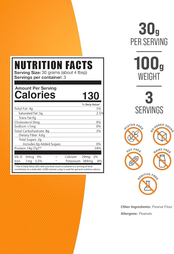 BulkSupplements.com Peanut Flour Protein Powder - Deffated Peanut Flour, Peanut Protein Powder - Peanut Protein Flour, Gluten Free, 30g per Serving, 100g (3.5 oz) (Pack of 1)