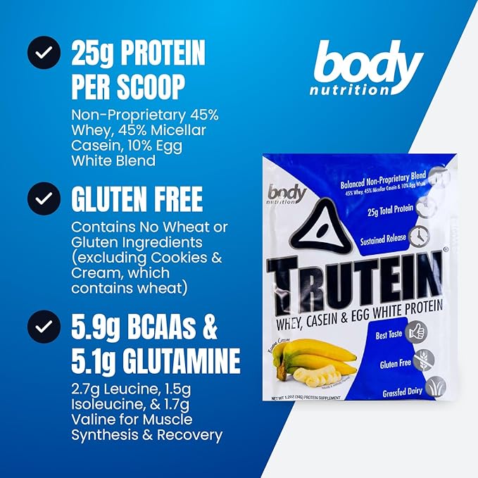 Body Nutrition Trutein High Protein Powder: 45% Whey, 45% Casein, 10% Egg White, Gluten-Free, Low Sodium, Grass Fed Whey Protein Powder, Gym Supplement & Breakfast Shake, Banana Cream, 34g Sample