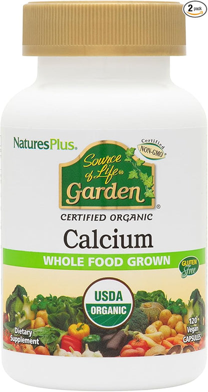 Natures Plus Source of Life Garden Calcium - 120 Vegan Capsules, Pack of 2 - Vegetarian, Gluten Free, Certified Organic - 60 Total Servings