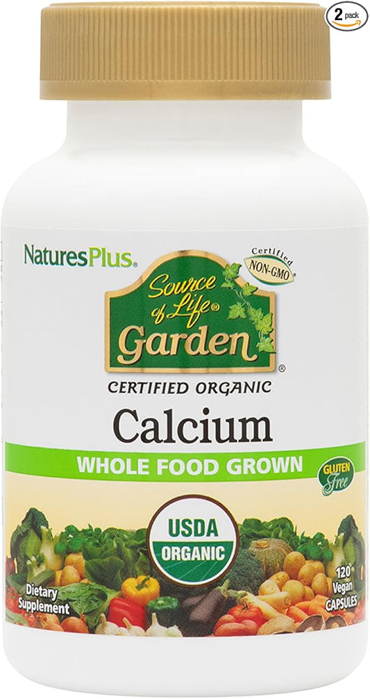 Natures Plus Source of Life Garden Calcium - 120 Vegan Capsules, Pack of 2 - Vegetarian, Gluten Free, Certified Organic - 60 Total Servings