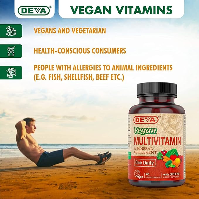 DEVA Vegan Multivitamin and Mineral Supplement - Once-Per-Day Formula with Greens - Vitamins A, C, D, E, B Complex, High-Potency Formulation for Daily Health and Wellness- 90 Coated Tablets, 1-Pack