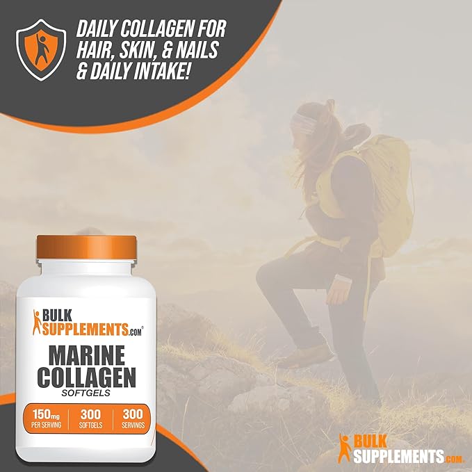 BulkSupplements.com Marine Collagen Softgels - Collagen Supplement, Fish Collagen Pills, Marine Collagen Peptides Pills - Gluten Free, 1 Softgel per Serving (150mg), 300 Softgels