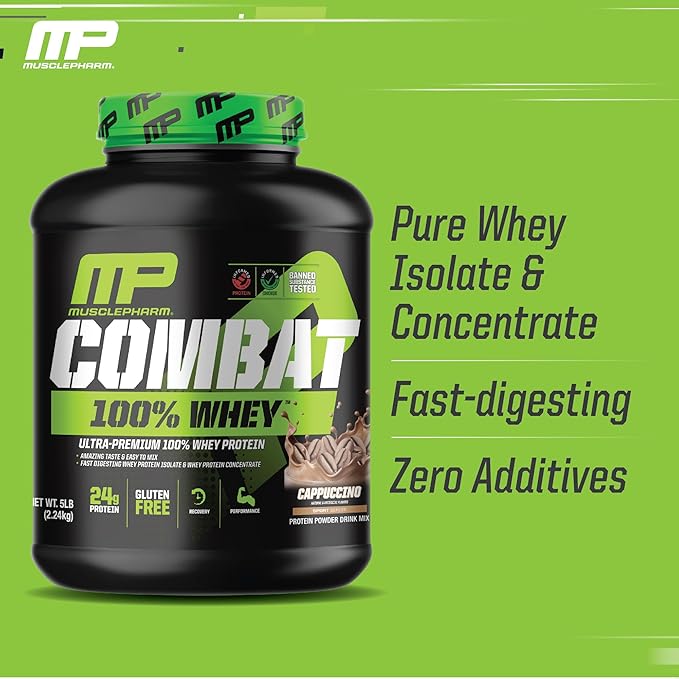 MusclePharm Combat 100% Whey Protein Powder, Cappuccino Flavor, Fast Recovery & Muscle Gain with Whey Protein Isolate, High Protein Powder for Women & Men, Gluten Free, 5 lb, 70 Servings