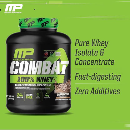 MusclePharm Combat 100% Whey Protein Powder, Cappuccino Flavor, Fast Recovery & Muscle Gain with Whey Protein Isolate, High Protein Powder for Women & Men, Gluten Free, 5 lb, 70 Servings