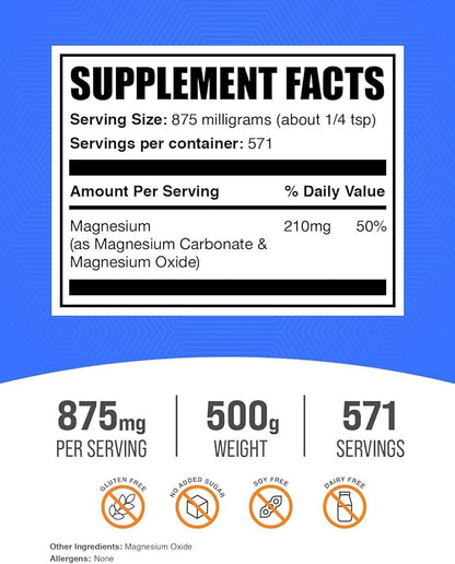 BulkSupplements.com Magnesium Carbonate Powder - Magnesium Carbonate Supplement, Magnesium Carbonate Food Grade - Gluten Free, 875mg per Serving, 500g (1.1 lbs) (Pack of 1)