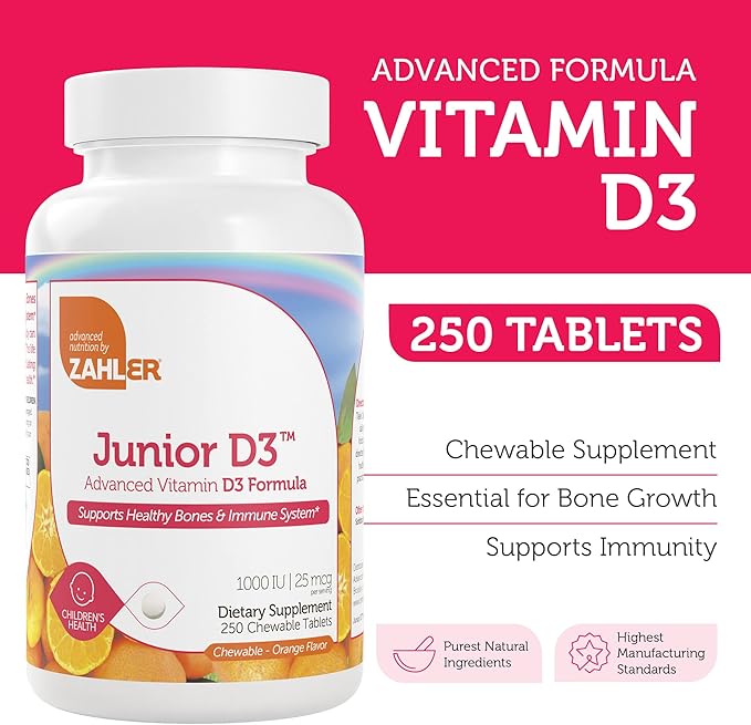 Zahler Junior D3 Vitamins 1000 IU - Chewable Vitamin D3 for Kids - Vitamin D for Kids to Support Bone, Teeth & Immune Health - Kosher Kids Vitamin D3 Orange Flavor - D3 Vitamins for Kids 250 Count.