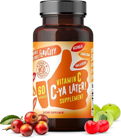 FlavCity Vitamin C Supplement, C-Ya Later- Dietary Supplement for Immune Support Derived from Bioavailable Sources of VIT C - Made with Acerola, Camu Camu & Amla Berry - 60 Capsules