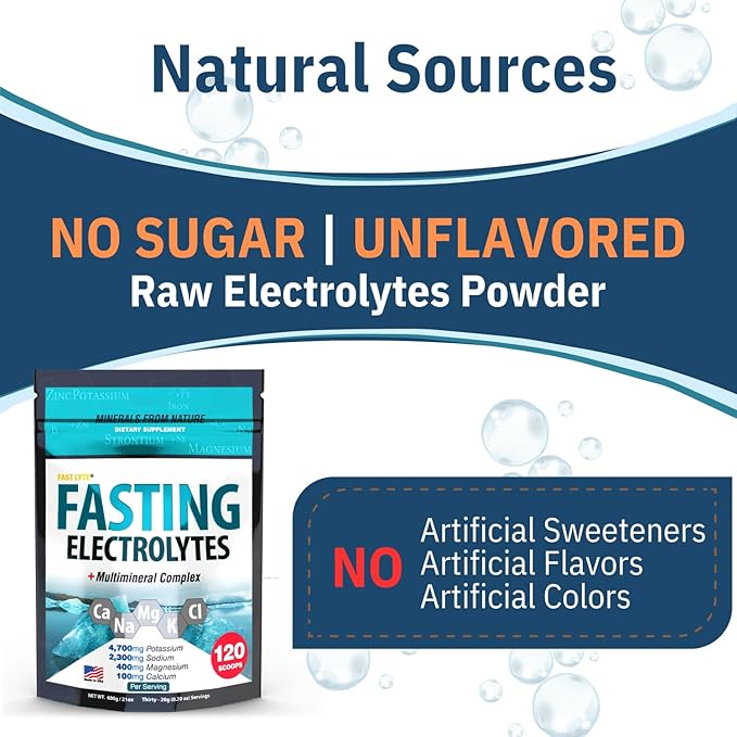 Fasting Electrolyte Supplement Powder | No Sugar Unflavored Raw Electrolytes | 100% RDA Magnesium and Potassium with Trace Minerals | Carnivore & Keto Friendly | Sugar Free Fasting Salts