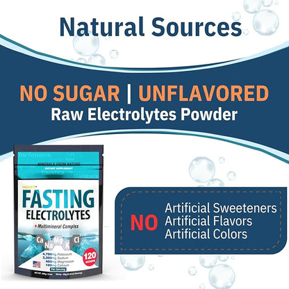 Fasting Electrolyte Supplement Powder | No Sugar Unflavored Raw Electrolytes | 100% RDA Magnesium and Potassium with Trace Minerals | Carnivore & Keto Friendly | Sugar Free Fasting Salts