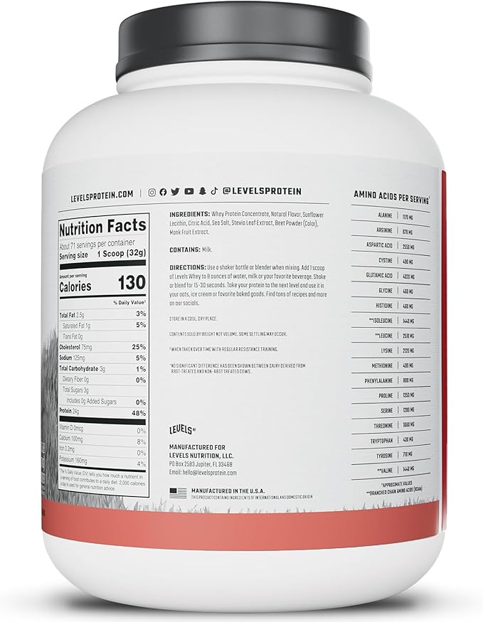 Levels Grass Fed Whey Protein Powder, No Artificials, 24G of Protein, Strawberry, 5LB