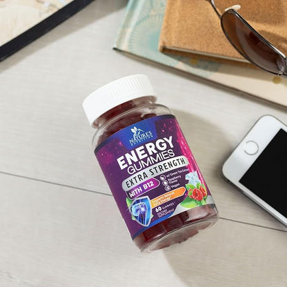 Energy Gummies Vitamin B12, Green Tea Natural Caffeine Support, Extra Strength 1000 mcg Daily Energy Vitamins, Delicious Berry Flavor Gluten Free Chewable Supplement for Cycling & Running - 60 Chews