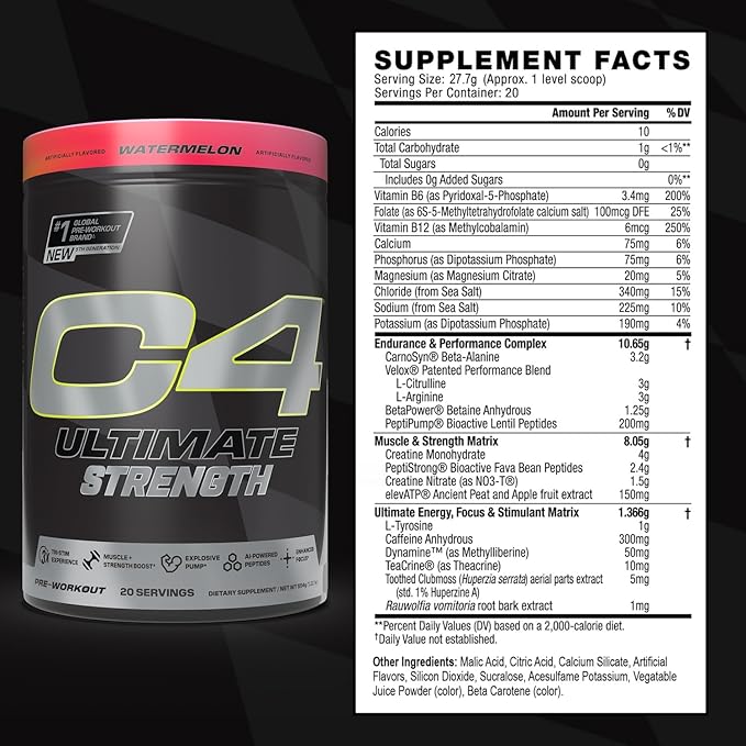 Cellucor C4 Ultimate Strength Pre Workout Powder - Tri-Stim Experience 300mg Caffeine+TeaCrine+Dynamine - Creatine & Beta-Alanine - Energy Supplement for Men & Women - Watermelon, 20 Servings