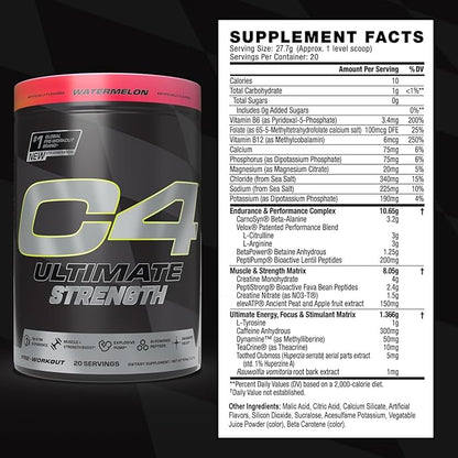Cellucor C4 Ultimate Strength Pre Workout Powder - Tri-Stim Experience 300mg Caffeine+TeaCrine+Dynamine - Creatine & Beta-Alanine - Energy Supplement for Men & Women - Watermelon, 20 Servings