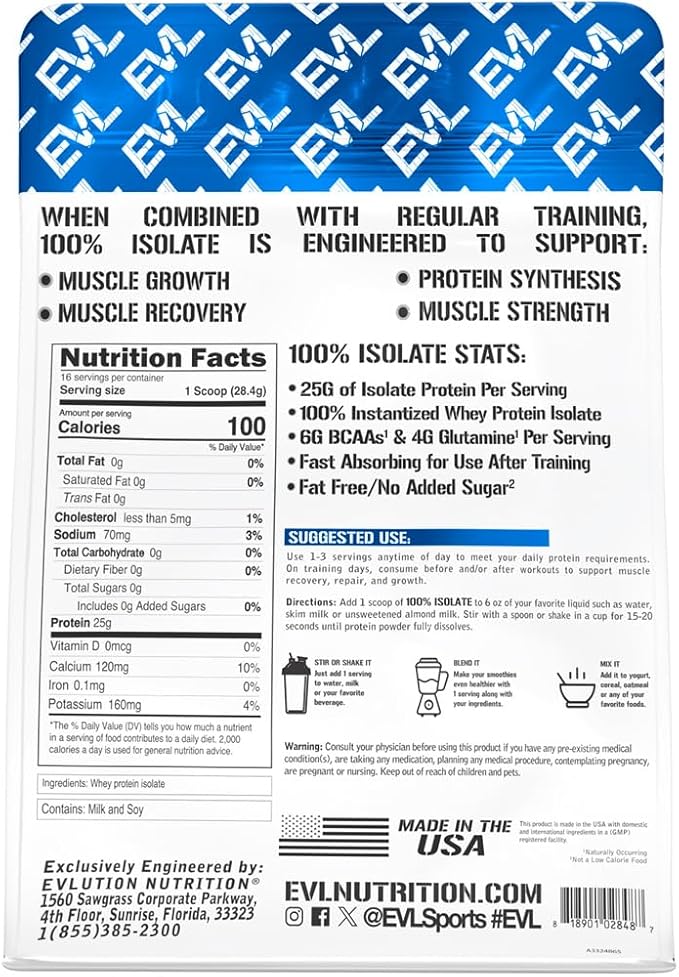 Evlution Nutrition 100% Isolate, Whey Isolate Protein Powder, 25 G of Fast Absorbing Protein, No Sugar Added, Low-Carb, Gluten-Free (Unflavored, 1 LB)