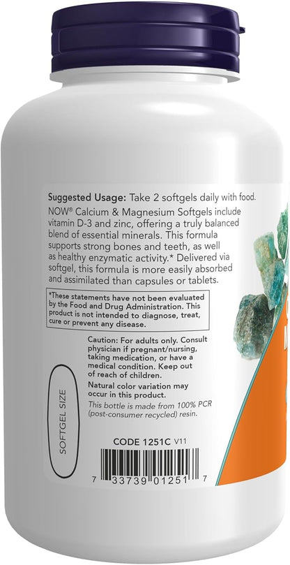 NOW Foods Supplements, Calcium & Magnesium with Vitamin D-3 and Zinc, Supports Bone Health*, 120 Softgels