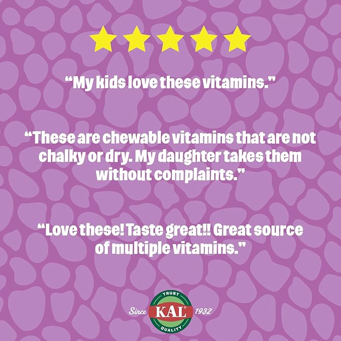 KAL MultiSaurus Kids Chewable Multivitamins, 11 Essential Vitamins and Minerals for Kids, Berry, Grape, Orange Chewables, Gluten and Fructose Free, 90 Servings, 90 Dinosaur-Shaped Chewables