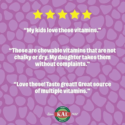KAL MultiSaurus Kids Chewable Multivitamins, 11 Essential Vitamins and Minerals for Kids, Berry, Grape, Orange Chewables, Gluten and Fructose Free, 90 Servings, 90 Dinosaur-Shaped Chewables
