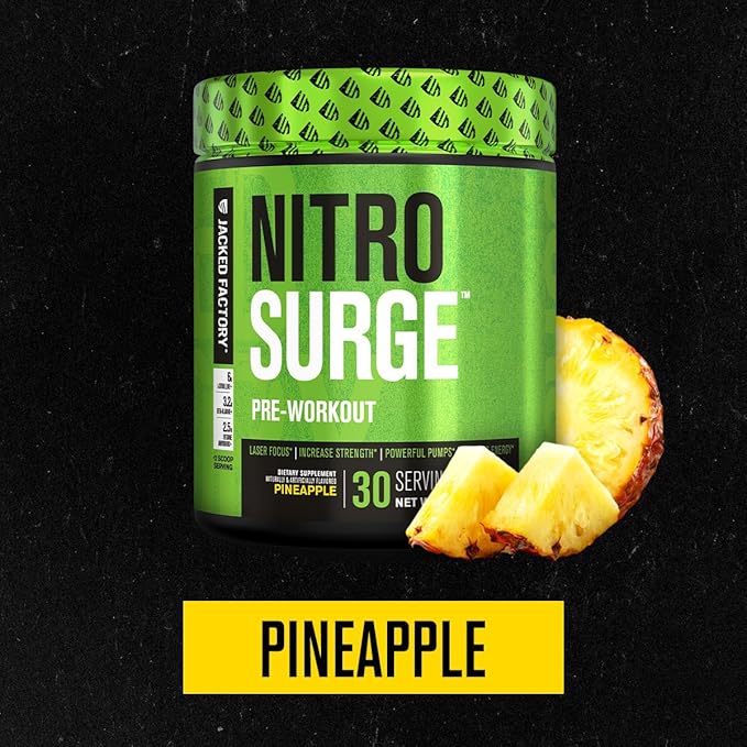 Jacked Factory NITROSURGE Pre Workout Supplement - for Energy, Instant Strength Gains, Clear Focus, Intense Pumps - Nitric Oxide Booster & Preworkout Powder with Beta Alanine - 30 Servings, Pineapple