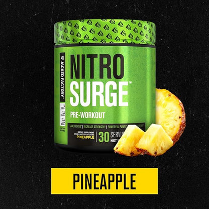 Jacked Factory NITROSURGE Pre Workout Supplement - for Energy, Instant Strength Gains, Clear Focus, Intense Pumps - Nitric Oxide Booster & Preworkout Powder with Beta Alanine - 30 Servings, Pineapple