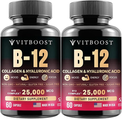 B12 Methylcobalamin with Hyaluronic Acid, Collagen, and Folate – 25000 mcg Supplement Enhance Absorption & Boost Energy | Gluten-Free, Made in USA, B1, B2, B3, B6, B7 Complex - Pack of 2