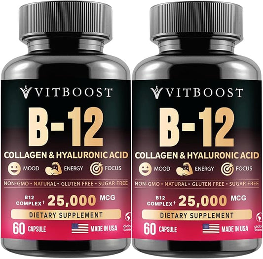 B12 Methylcobalamin with Hyaluronic Acid, Collagen, and Folate – 25000 mcg Supplement Enhance Absorption & Boost Energy | Gluten-Free, Made in USA, B1, B2, B3, B6, B7 Complex - Pack of 2