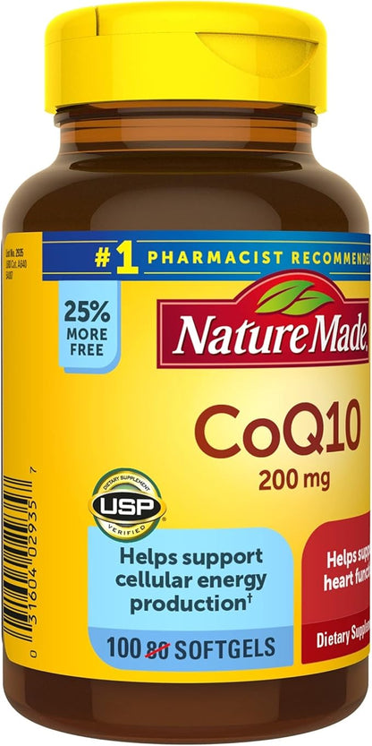 Nature Made CoQ10 200 mg, Dietary Supplement for Heart Health and Cellular Energy Production, 100 Softgels, 100 Day Supply