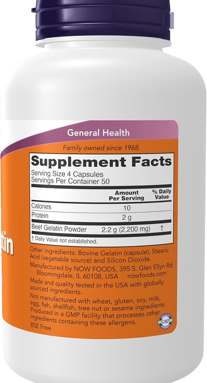 NOW Foods Supplements, Beef Gelatin 550 mg, Hydrolyzed, Nutritional Support, 200 Capsules