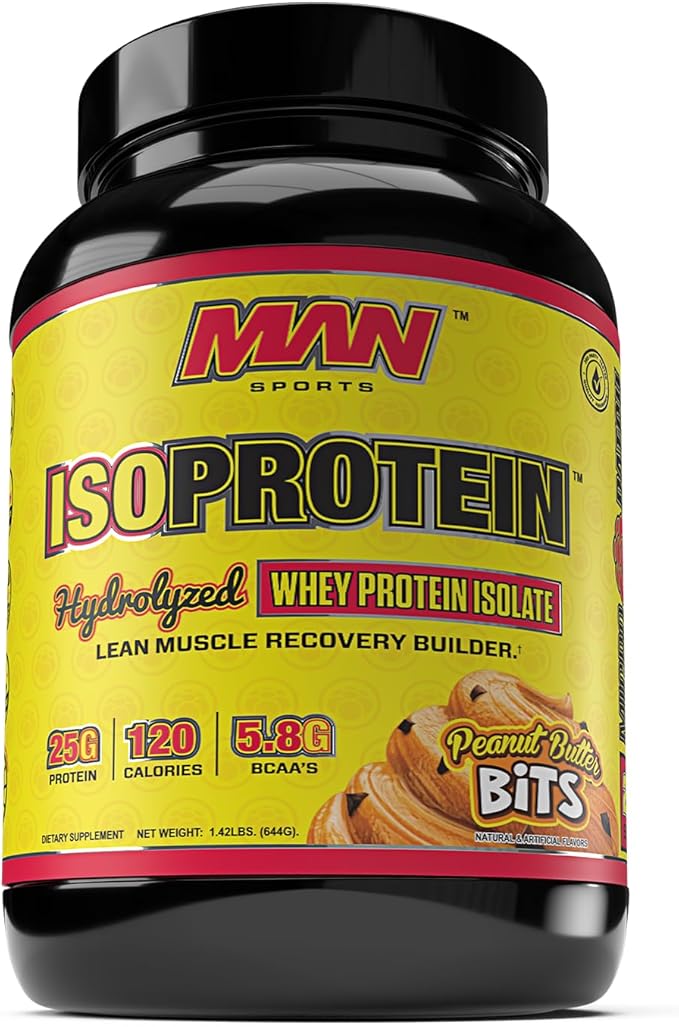 Man Sports ISO-Protein Hydrolyzed 100% Pure Whey Protein Isolate Powder, Peanut Butter Bits, 1.42 Pounds (20 Days Supply)