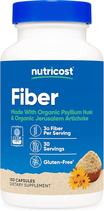 Nutricost Fiber Capsules with Prebiotic Fiber Supplement 150 Capsules - CCOF Certified Supplement, Made with Organic Psyllium Husk & Organic Jerusalem Artichoke, Gluten Free, 3 G Per Serving