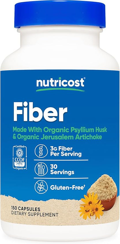 Nutricost Fiber Capsules with Prebiotic Fiber Supplement 150 Capsules - CCOF Certified Supplement, Made with Organic Psyllium Husk & Organic Jerusalem Artichoke, Gluten Free, 3 G Per Serving