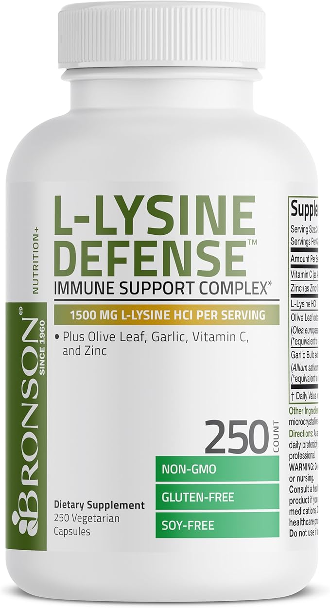 Bronson L-Lysine Defense Immune Support Complex 1500 MG L-Lysine Plus Olive Leaf, Garlic, Vitamin C and Zinc - Non-GMO, 250 Vegetarian Capsules