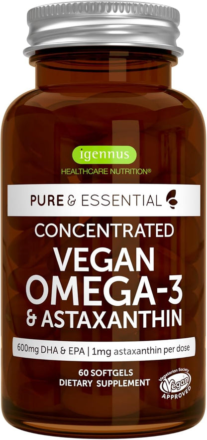 Vegan Omega-3 Natural Triglyceride Algae Oil, DHA & EPA Fatty Acid Supplement, 60 Small Softgels with Astaxanthin, Easy-to-Swallow, Pure & Sustainable, 30 Servings, by Igennus