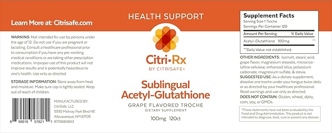 CitriRx Sublingual Acetyl Glutathione 100mg, 120 ct Lozenges - 4 Mos Supply - Grape Flavor - Made in USA