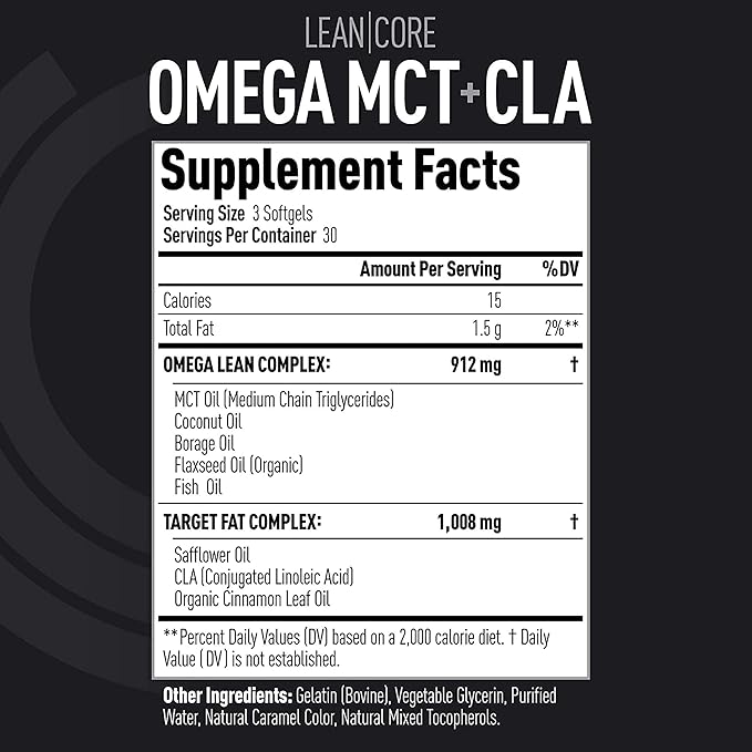 Lean CORE Omega MCT + CLA - Stimulant Free Health Formula, Lean Muscle & Toned Physique, Omega 3-6-9 Fatty Acids - Flaxseed Fish Oil- Coconut Oil- Keto Friendly 30 Day Supply (90 Softgels)
